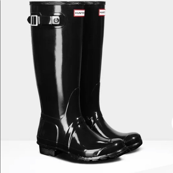 Black Gloss Tall Hunter Rain Boots with Liners - Picture 2 of 10